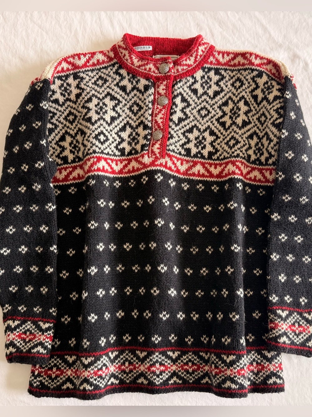 L.L. Bean Black, Cream & Red Nordic Zip-Front Wool Sweater